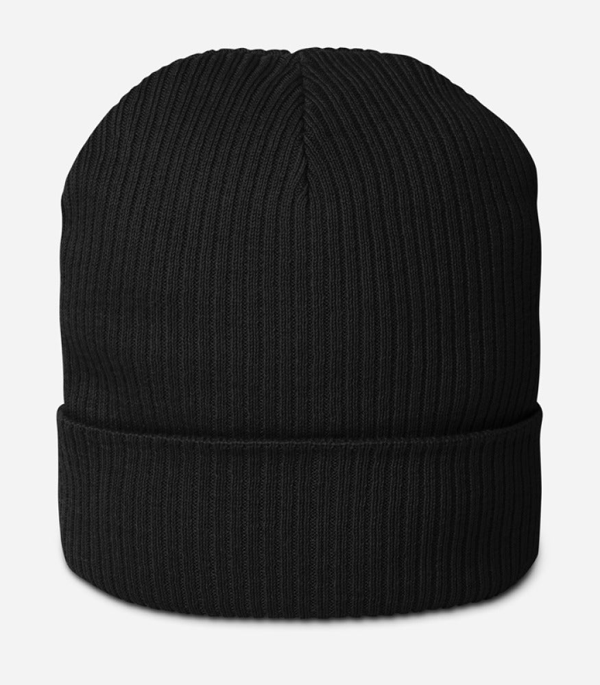 Organic Ribbed Beanie — Atlantis — supplier product photograph; artwork added after approval